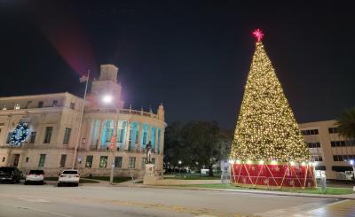 Photo of holiday tree in front of City Hall